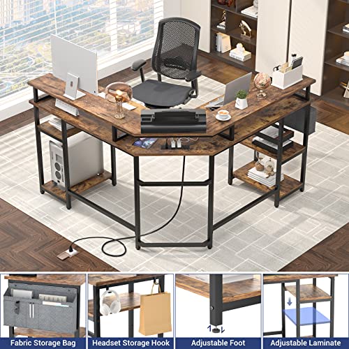 Aheaplus L Shaped Gaming Desk With Power Outlets & Led Lights, L- Shaped Computer Desk Corner Desk With Monitor Stand And Storage Shelf, Home Office Desk Writing Desk With Storage Bag, Rustic Brown #TOP2