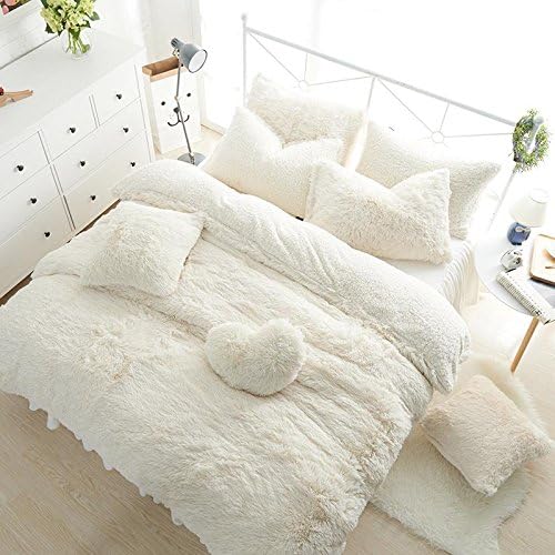 Teddy Bear Fleece Warm & Cozy Bedding Bedroom Collection (Cream Ivory, Filled Heart Shaped Cushion)