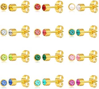CNSJ 12 Pairs Stud Earrings for Women, Stainless Steel Stud Earrings Round Colorful Zircon Stud Earring Set (Gold)