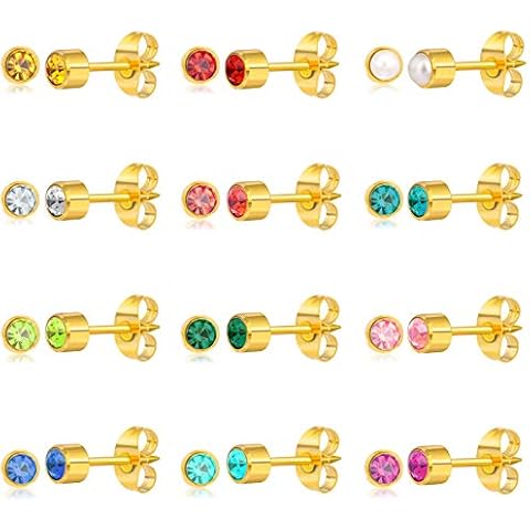 CNSJ 12 Pairs Stud Earrings for Women, Stainless Steel Stud Earrings Round Colorful Zircon Stud Earring Set (Gold) Cover