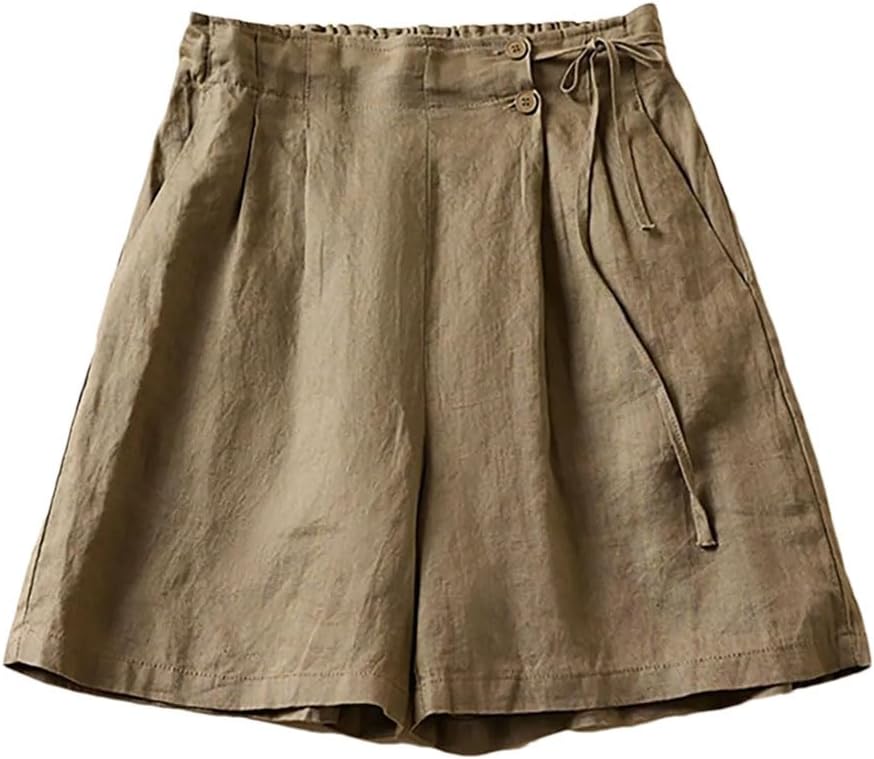Women's Summer Cotton Linen Shorts Loose Wide Leg Shorts Korean Casual Solid Elastic Waist Short Pants Khaki