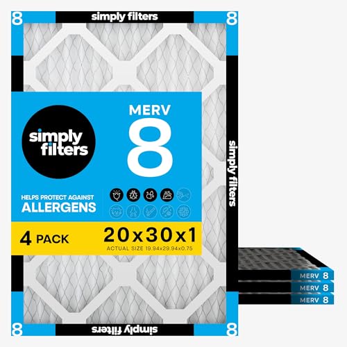 Simply 20x30x1 Air Filter Merv 8 4 Pack For Home AC Furnace & HVAC (Actual Size: 19.94x29.94x0.75) DUST Pet & Allergy Control