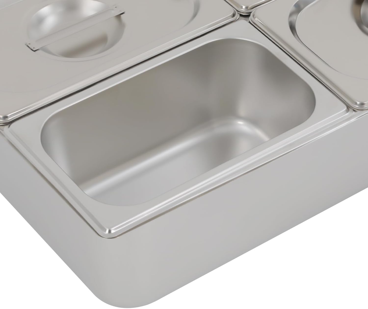 Stainless Steel Fruit Pan with Acrylic Lids and Water-filtering Gaskets Commercial-Grade Compartment Food Storage Container for Home Restaurants Buffet Display (4 Pans)