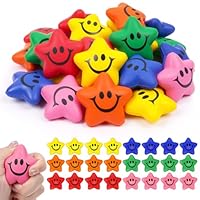Ainiv 24 Stück Schlüsselanhänger, Stern Lächeln Gesicht Stressbälle Anhänger, 5.2cm Stern Schaum Smile Ball Schlüsselbund für Lieblingsmensch Frauen Männer Geburtstag Schlüsselring