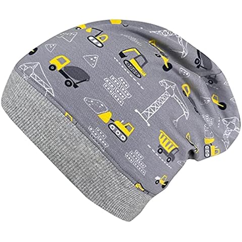 Wollhuhn Eco Lightweight Comfortable Boys' Construction Site / Digger Beanie Hat Elastic Cuff (Made of Organic Fabrics, Organic) 222235, Construction site grey-yellow, S Cover