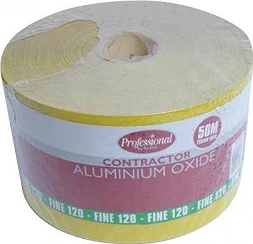 ProDec 50m Roll 120 Grit Fine Grade Yellow Aluminium Oxide Abrasive Sanding Paper for Sanding Wood, Paint, Plaster, Filler, Metal and More, 115mm Wide Sandpaper Compatible with Machine Sanders