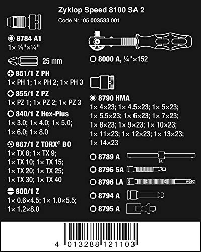 Wera 8100 Sa 2 Zyklop 1/4" 22 Metric Ratchet Set, 42-Pieces & Tools 05073593001 950 Spkl/9 Sm N Sb Long Arm Hex Key Set, One Size, Multi #TOP2