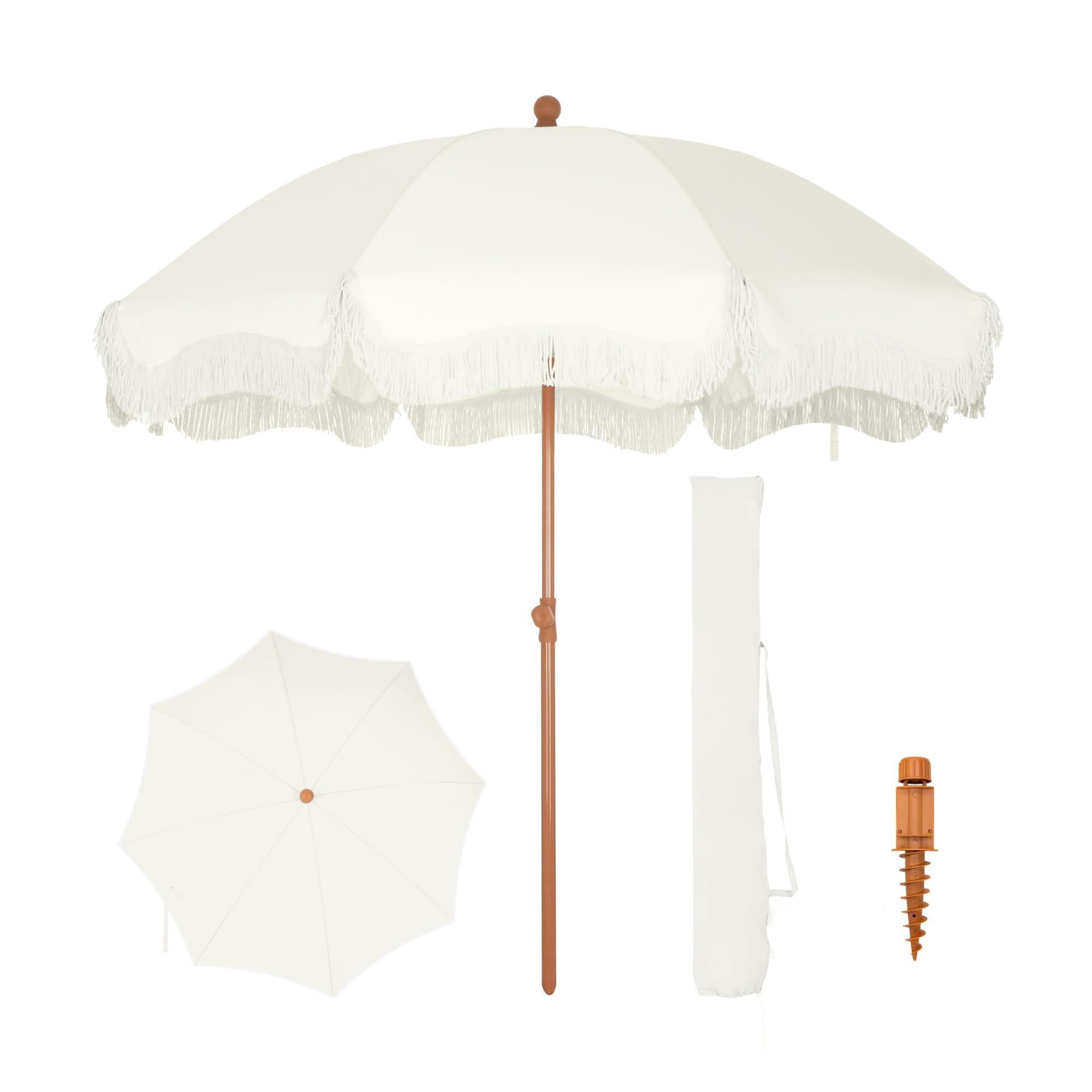 Photo 1 of PHI VILLA 7ft Fringe Beach Umbrella White with Sand Anchor, Outdoor Patio White Portable Beach Umbrella for Sand with Tassels, Push Button Tilt & Carrying Bag, UPF 50+