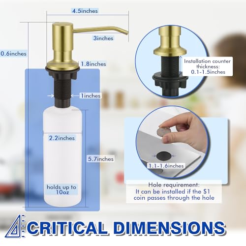 Gold Soap Dispenser for Kitchen Sink, WEWE Brushed Gold Soap Dispenser with Long Spout and Gold Soap Pump Built in Countertop Under Sink Stainless Steel by WEWE - Used condition - Image 2