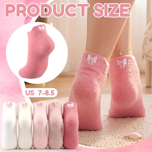 Image of Skicuff 5 Pair Women Bow Fuzzy Socks Coquette Cozy Fluffy Ankle Slipper Socks for Women Girls Gifts