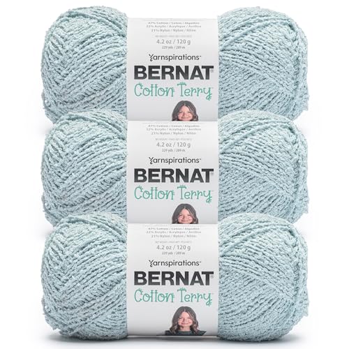 Bernat Cotton Terry Chambray Yarn - 3 Pack of 120 g / 4.2 oz - 47% Cotton 32% Acrylic 21% Nylon - #4 Worsted (Medium) - 209m /229Yards - for Knitting, Crochet and Amigurumi