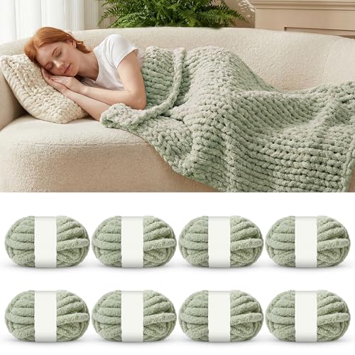 Chunky Yarn for Hand Knitting - #8 Chunky Chenille Yarn Thick Fluffy Chunky Knit Blanket Yarns Chunky Yarns for Crocheting & DIY Crafts 8 Skeins (Sage Green)