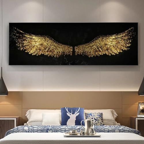 Peinture sur toile abstraite ailes dorées tableau vintage cadre 30x90