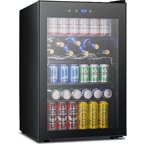 37 Bottle Wine Fridge,Freestanding 145 Can Beverage Refrigerator with Smart Temperature Control,4.5 CU FT Quiet Mini Fridge with Child Lock Panel for Family Restaurant Bar, Black