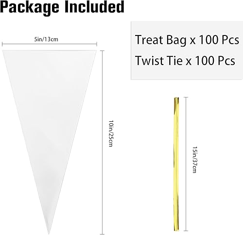 Miniatura 2 de 100 bolsas de golosinas en forma de cono, 11.8 x 6.3 pulgadas, bolsas de celofán en forma de cono, bolsas triangulares con lazos, bolsas