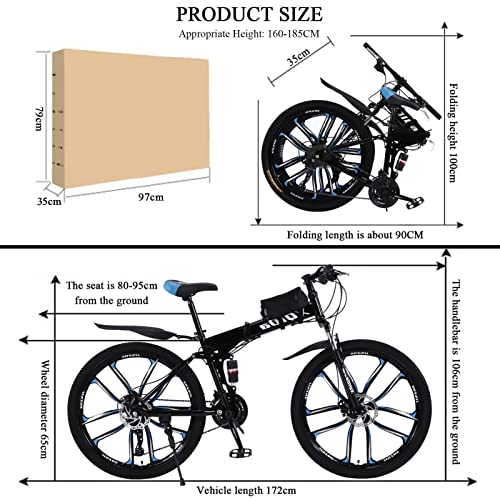 Mountainbike 26 inch vouwfiets met dubbele schokdemping, koolstofvezel frame met fietstas - schijfrem fietsen, volledig… - Afbeelding 8