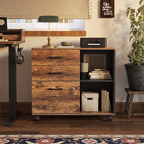 Fezibo 3-Drawer Mobile File Cabinet, Lateral Filing Cabinet With Lock, Printer Stand With Open Storage Shelves For Home Office, Vintage&Black #TOP6