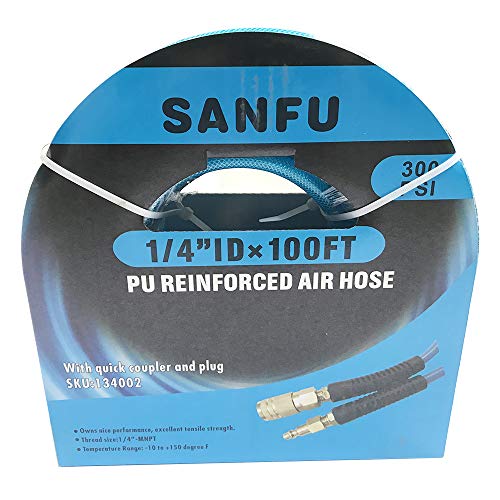 SANFU Polyurethane(PU) Reinforced 1/4”ID×100ft, Air Hose with 1/4” Swivel MNPT Solid Brass Quick Coupler and Plug, Transparent Blue(100’) - Thumbnail 6