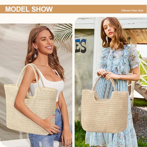 Image of Long Keeper Beach Bags for Women Summer Straw Bag with Zipper Woven Shoulder Handbag Beach Tote Bags for Travel Vacation