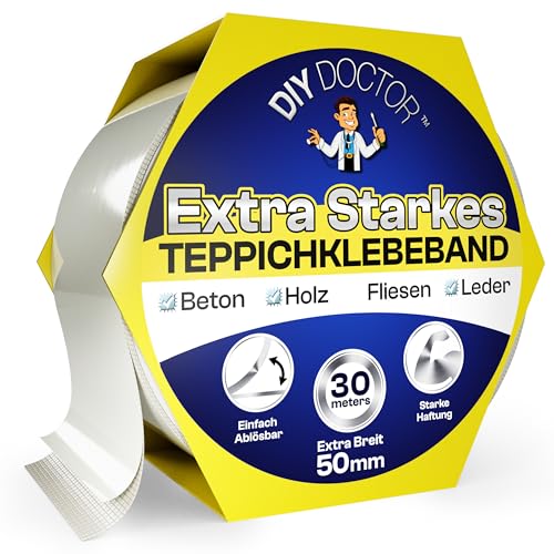 DIY Doctor XL Doppelseitiges Klebeband Extrastark, Robustes Teppichklebeband – Stark für Teppichboden & Harte Oberflächen, 30 m x 50 mm
