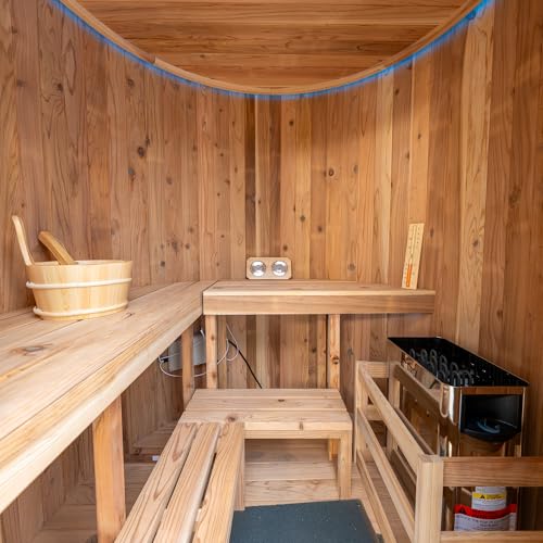 Image of 4 Person Outdoor Vertical Barrel Sauna, Cedar Wood Traditional Sauna | Premium cedar wood construction, 6KW Harvia electric heater, backyard-ready design for garden and home outdoor relaxation