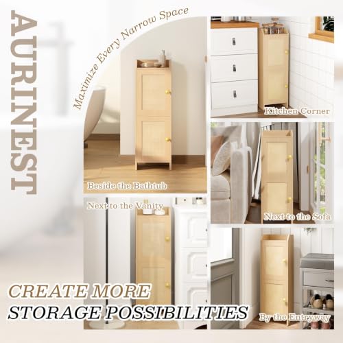 AURINEST Rattan Narrow Bathroom Storage Cabinet, 7.9''D x 9.8''W x 29.5''H, Toilet Paper Storage Cabinet with 2 Doors & Adjustable Shelf, Space-Saving Bathroom Organizer for Small Spaces, Natural Oak by AURINEST - Used condition - Image 7