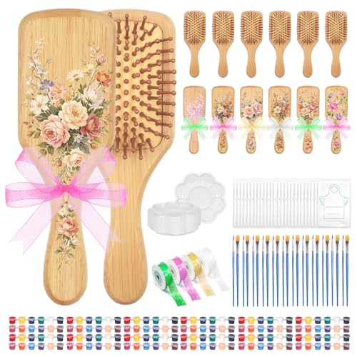 76 Pack Bamboo Hairbrush Painting Kits 12 Set DIY Wooden Hairbrush Set