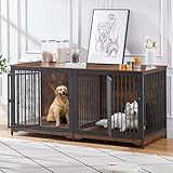 Lyromix 71'' Dog Crate Furniture for 2 Large Medium Dogs, XXL Wooden Indoor Double Crate Kennel Cage Large Breed with Door, TV Stand End Table with Divider, No Cushion,Brown