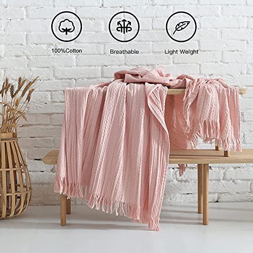 100% Cotton King Size Bed Blanket, Waffle Woven Pale Pink Thin Decorative Blanket With Fringe, Rustic Pre-Washed Soft, Light Weight Blanket For Couch,Bedroom, Farmhouse Boho Blanket, 104”X90” #TOP1