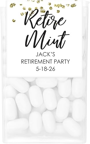 Pegatinas de Tic Tac de jubilación, recuerdos de fiesta, menta de jubilación, confeti dorado, juego de 24 etiquetas