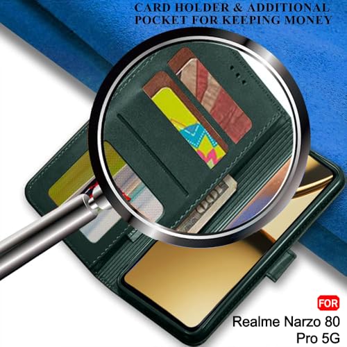 Image of TheGiftKart Flip Cover Back Case for Realme Narzo 80 Pro 5G | Genuine Leather Finish | Designer Button | Inbuilt Pockets & Stand | Wallet Style Flip Back Cover for Narzo 80 Pro (Faux Leather, Green)