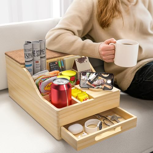 Couch Caddy with Cup Holders Sofa Table with Flip Top Push-Pull Drawer