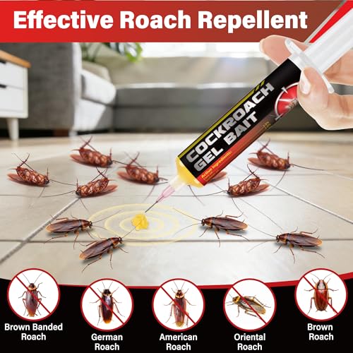 6 Tubes Cockroach Gel, Natural Formula Roach Gel with 2 Plunger for American, German Roach Species, Long-Lasting for Kitchen Bathroom Indoor Outdoor & Hidden Areas, Pet & Kids Safe, 30-Grams