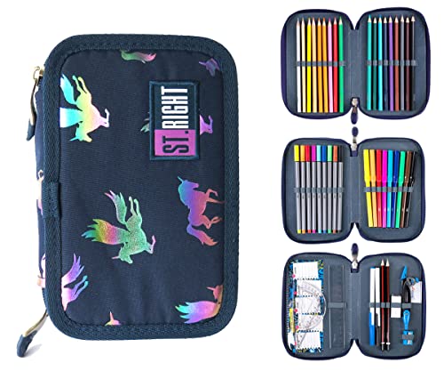 St. Right XXL Federtasche Federmappe Federmäppchen 46-teilig gefüllte Schüleretui 3-stöckig 19 x 13 x 7 cm, 3-Fach Schulstiftetui, dreifaches Federmäppchen Junge Mädchen Holo Unicorn, Violett