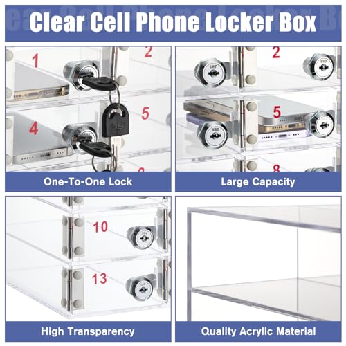 Image of Layhit Clear 15 Slots Cell Phone Locker Box for Classroom Clear Acrylic Cell Phone Storage Cabinet Bin with Door Locks for Classroom School Students Office Factory Employees
