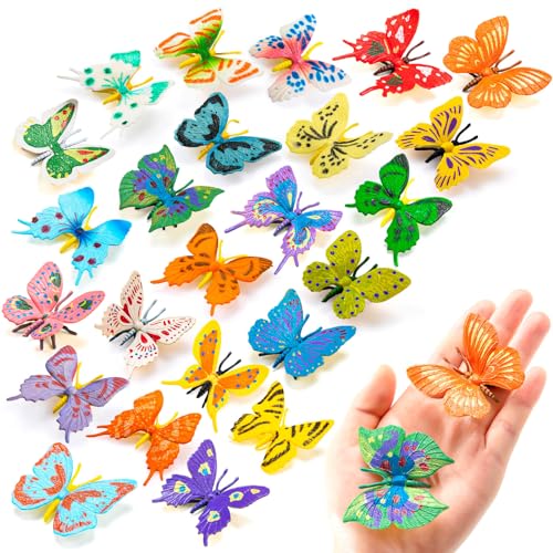 24 PCS Plastic Butterflies Toy, Butterfly Action Figures Art Toys, 24 Styles Colorful Lifelike Interactive Butterfly Decoration for Kindergarten, School Education and Animal Themed Party Decor