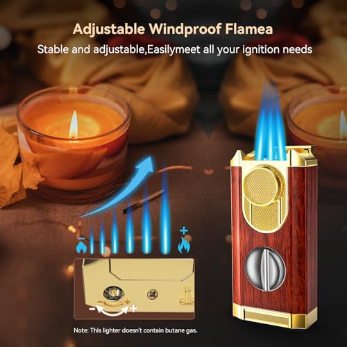All-in-One Triple Torch Lighter, Built-in V Cutter, Holder, Adjustable Windproof Jet Flames Lighter, Refillable Butane Design, Ideal Gift for Men with Gift Box (Butane not Included) - Image 4