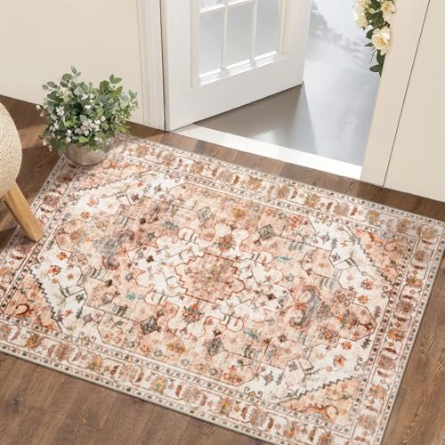 SERISSA Boho Rugs for Entryway, 2x3 Peach Cream Entryway Rug Non-Slip Washable Small Area Rug, Ultra Soft Vintage Low-Pile Indoor Door Mat Floor Carpet for Entrance Bedroom Kitchen Bathroom