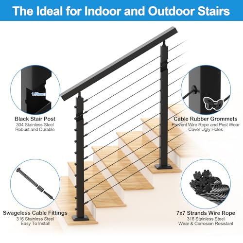 Image of 8FT-15FT Black Swageless Stair Cable Railing System with Handrails, 36 inch T304 Stainless Steel Deck Cable Railing Kit for 25-35 Degrees Stair, Indoor Outdoor Surface Mount and Easy DIY