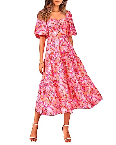 BTFBM Women Summer Dresses 2023 Casual Flowy Beach Square Neck Puff Short Sleeve Smocked Back Boho Floral Long Maxi Dress(Print Pink, Medium)