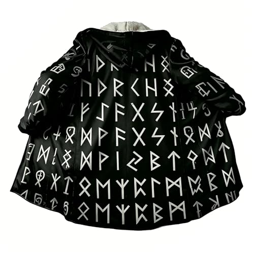 Image of Viking Mythology Mens Hooded Cloak Nordic Faux Cashmere Hoodie Winter Warmer Overcoat Mid-Length Parka Jacket