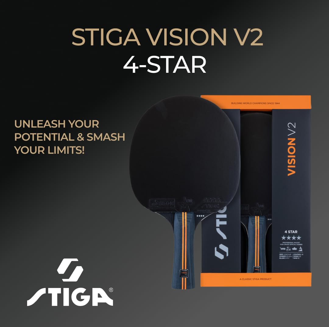 STIGA Vision V2 Racchetta da Ping Pong a 4 Stelle – Velocità e Controllo, Telaio 5 Strati, Impugnatura Concava, Crystal Tech, Gomma ITTF 2.0 mm
