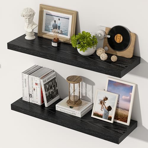 Image of 24 Inch Floating Shelves, 12 Inch Deep Floating Shelves for Wall, Extra Deeper & Thicker Wooden Wall Shelf with Invisible Brackets, Shelf for Bedroom Living Room Home Decor(Black, Set of 2)