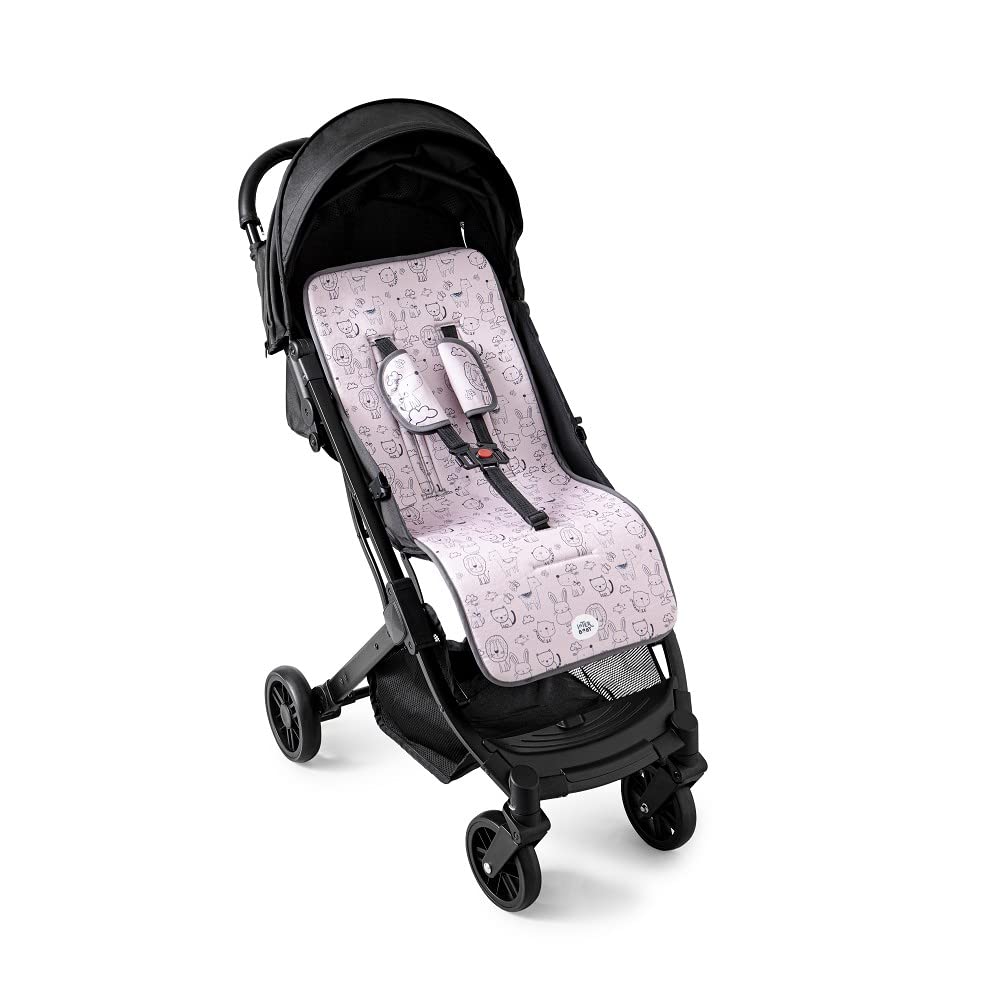 Interbaby Colchoneta Silla Paseo Universal para Verano | Transpirable y Cómoda | Funda Carro Bebe 100% Algodón, 84x34cm, Protectores para Arnés | Funda Silla Paseo Cat Rosa