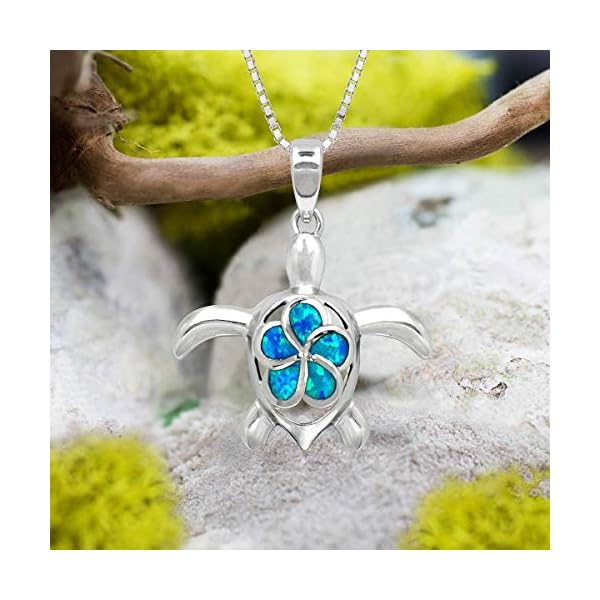 Honolulu-Jewelry-Company-Sterling-Silver-Turtle-Necklace-Pendant-with-Simulated-Blue-Opal-Flower-18-Box-Chain Honolulu Jewelry Company Sterling Silver Turtle Ocean Sea Life Necklace Pendant with Simulated Blue Opal Plumeria Flower Nature 18" Box Chain