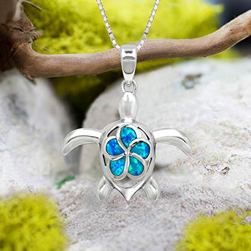 Honolulu Jewelry Company Sterling Silver Turtle Ocean Sea Life Necklace Pendant with Simulated Blue Opal Plumeria Flower Nature 18" Box Chain4