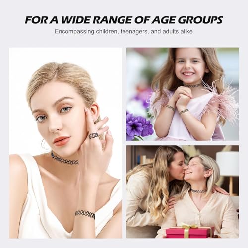 soodyoow 3er Set Ketten Armband Ring Halskette Choker Tattoo Stretch Accessoires Schwarz elastisch Damen 90er Jahre Style Gothic Punk Schmuck Set