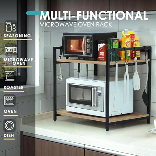 Image of REMANENCE Microwave Stand, Oven Stand for Kitchen Storage Shelf, 2 Tier Microwave Rack with Hanging Plastic Hooks - Tiered Shelf - Heavy Metal Frame with Engineered Wood