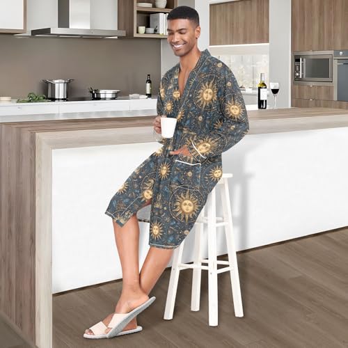 Men’s Robe Vintage Suns Print, Long Sleeve Bathrobe for Sleep Shower-M2
