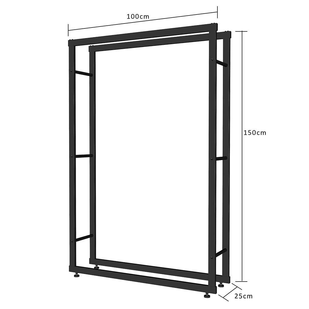 Melko Stojak na drewno kominkowe, metalowy regał na drewno opałowe, 150 x 100 cm, z nóżkami o regulowanej wysokości – czarny lakierowany proszkowo i pasujące śruby